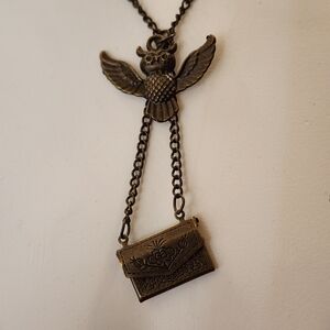 Vintage Bronze Owl Pendant With Envelope Necklace